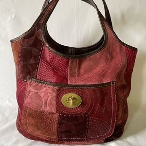 Coach Suede Burgundy Signature patchwork handbag.